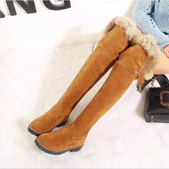 New Brown Vegan Suede Faux Fur and Lined Over The Knee High Flat Heel Boots - Picture 3 of 6